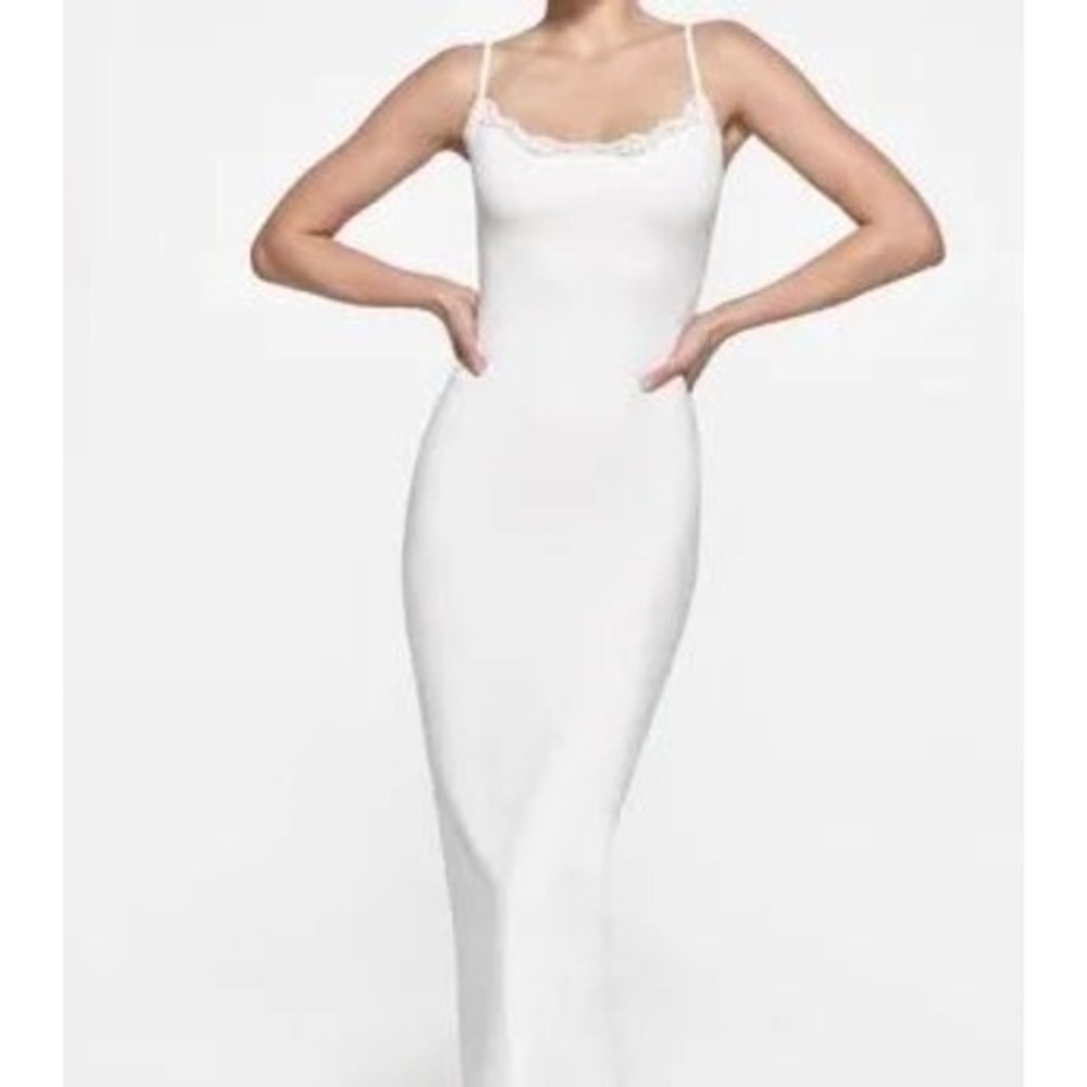 Skims Fits Everybody Lace Long Slip Maxi Dress White Size Medium